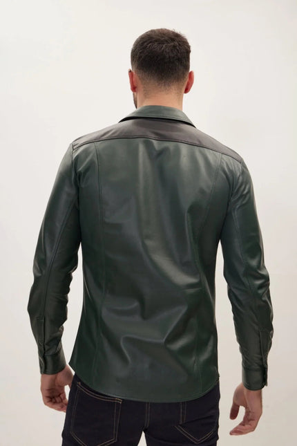Men's Lambskin Leather Shirt - Green Black | Ron Tomson
