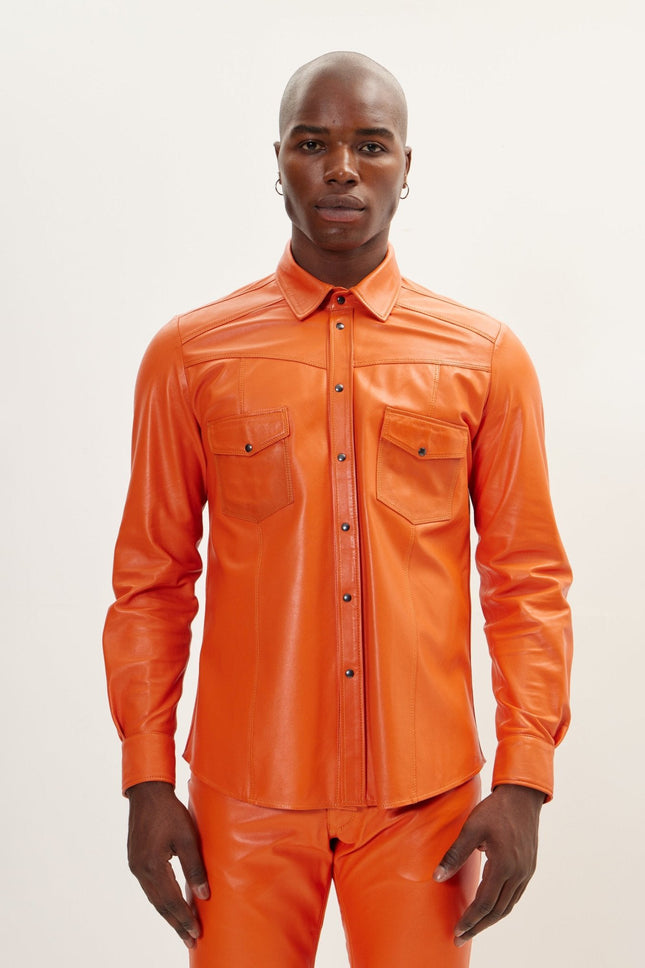 Men's Lambskin Leather Shirt - Orange | Ron Tomson