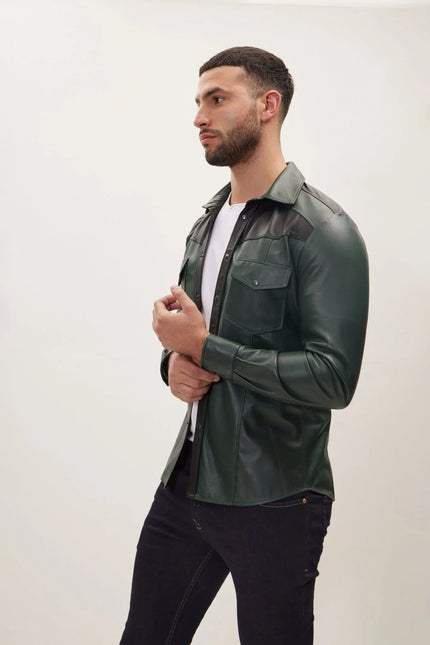 Men's Lambskin Leather Shirt - Green Black | Ron Tomson