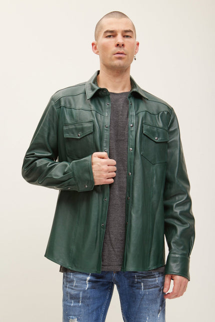 Men's Nappa Lambskin Leather Shirt - Green | Ron Tomson