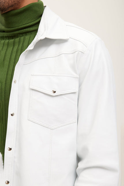 Men's Lambskin Leather Button-Down Shirt - White | Ron Tomson
