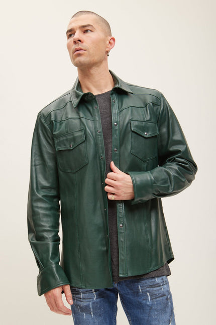 Men's Nappa Lambskin Leather Shirt - Green | Ron Tomson