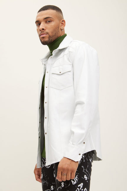 Men's Lambskin Leather Button-Down Shirt - White | Ron Tomson