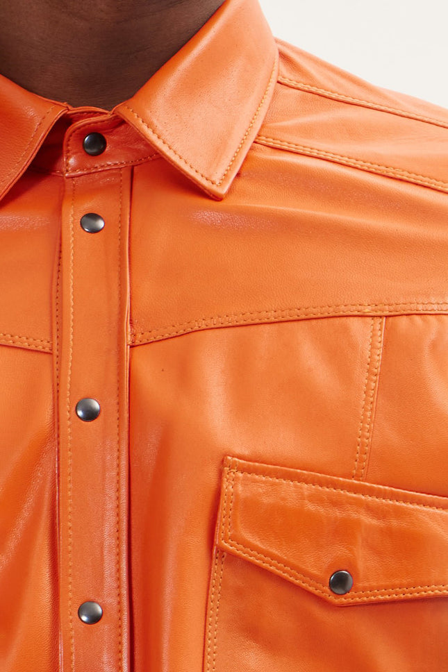 Men's Lambskin Leather Shirt - Orange | Ron Tomson