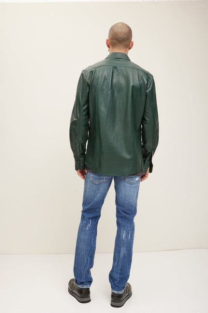 Men's Nappa Lambskin Leather Shirt - Green | Ron Tomson