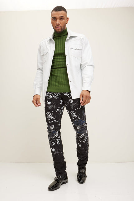 Men's Lambskin Leather Button-Down Shirt - White | Ron Tomson
