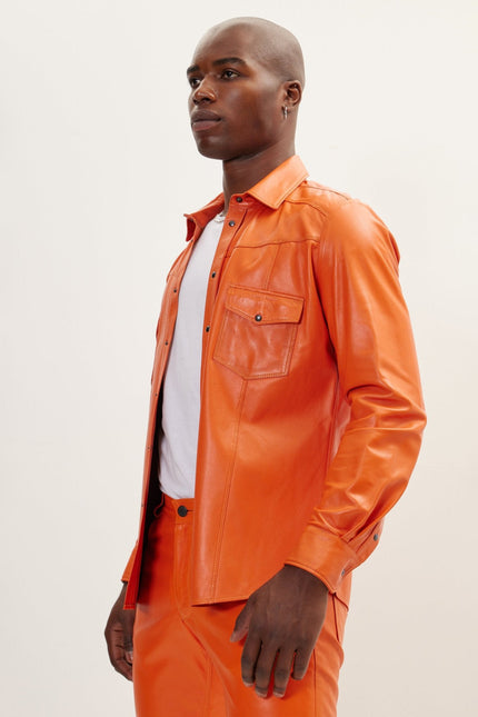 Men's Lambskin Leather Shirt - Orange | Ron Tomson