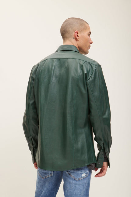 Men's Nappa Lambskin Leather Shirt - Green | Ron Tomson