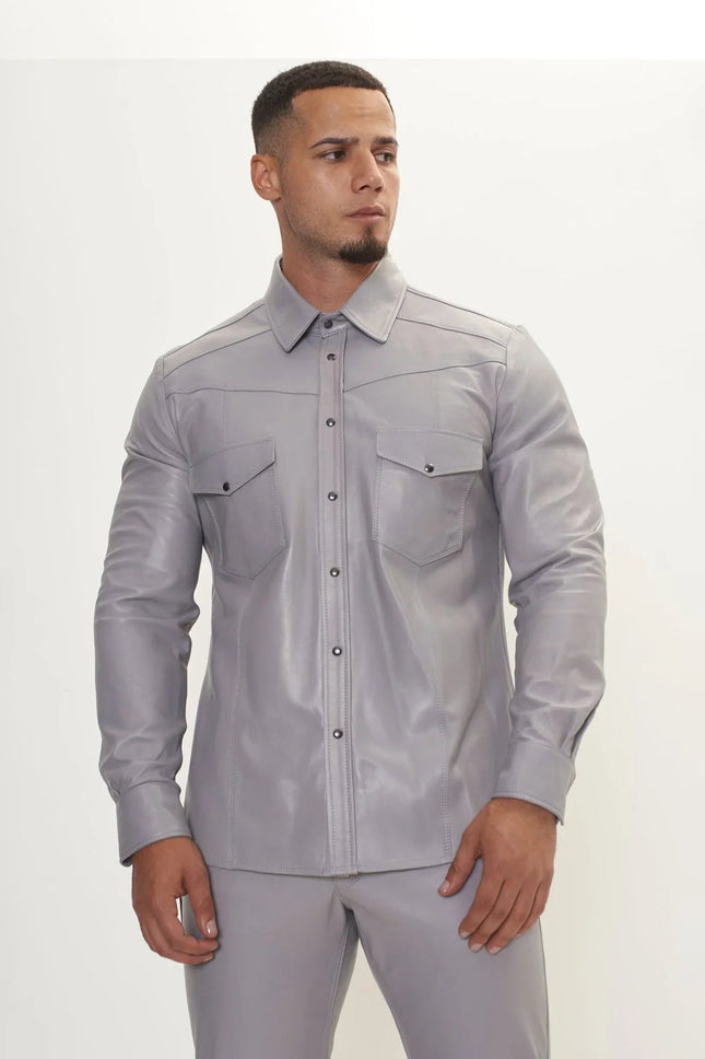 Men's Western Nappa Lambskin Shirt - Grey | Ron Tomson