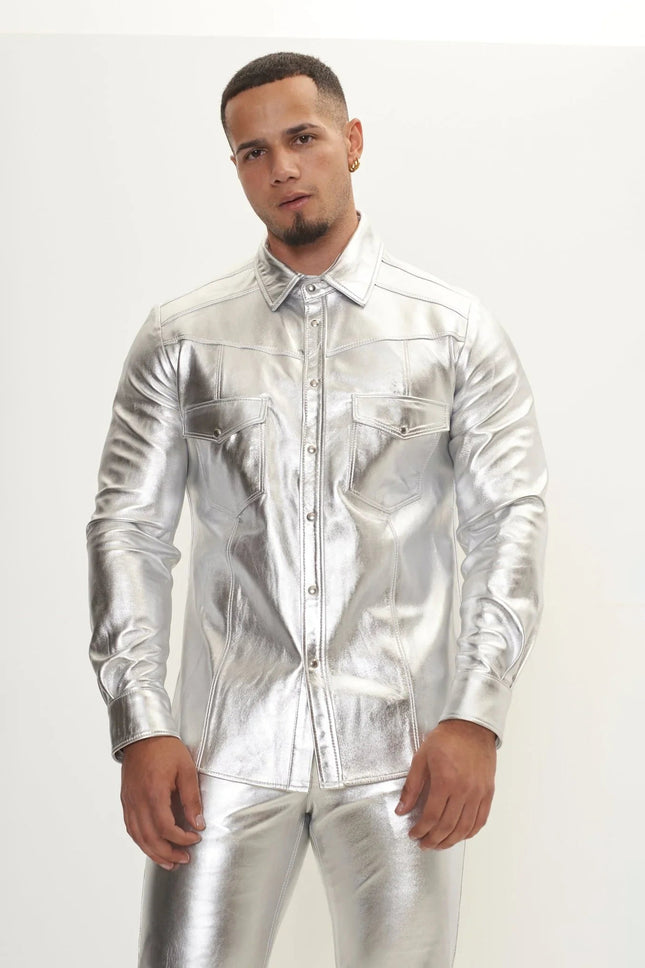 Men's Nappa Lambskin Shirt - Silver | Ron Tomson