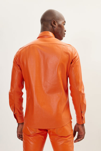 Men's Lambskin Leather Shirt - Orange | Ron Tomson