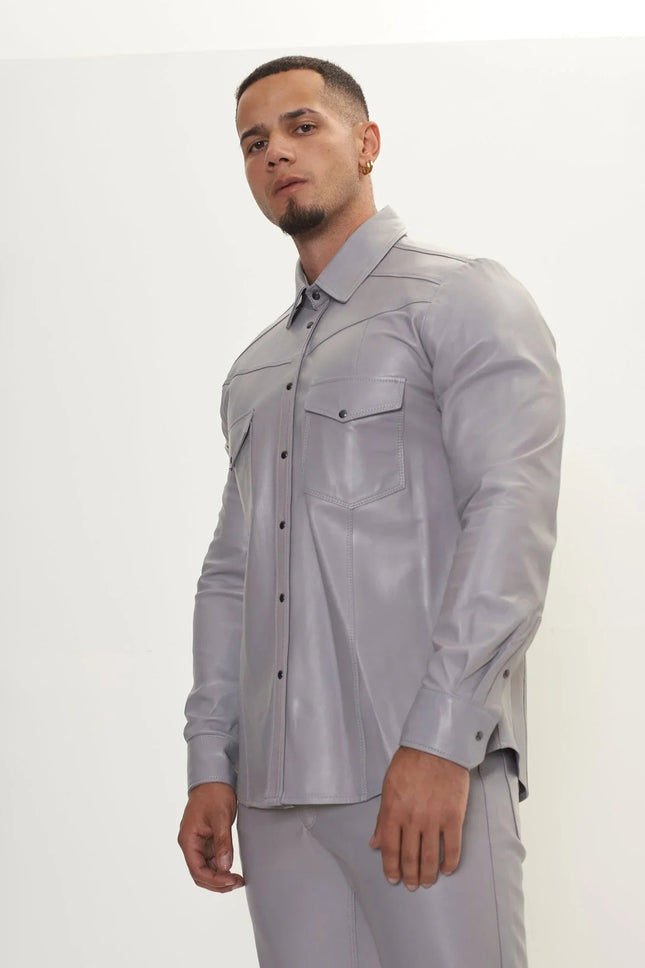 Men's Western Nappa Lambskin Shirt - Grey | Ron Tomson