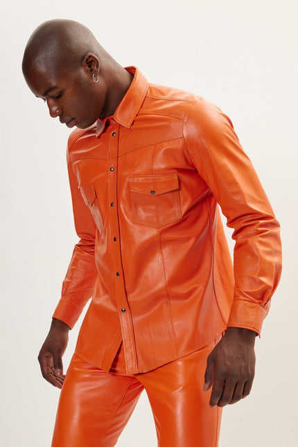 Men's Lambskin Leather Shirt - Orange | Ron Tomson