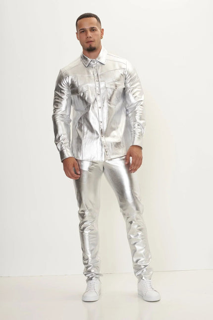 Men's Nappa Lambskin Shirt - Silver | Ron Tomson