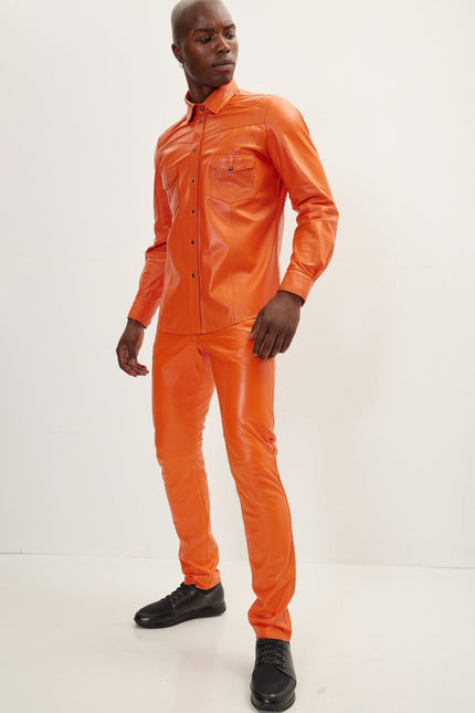 Men's Lambskin Leather Shirt - Orange | Ron Tomson