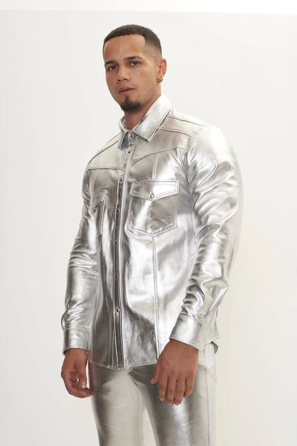 Men's Nappa Lambskin Shirt - Silver | Ron Tomson