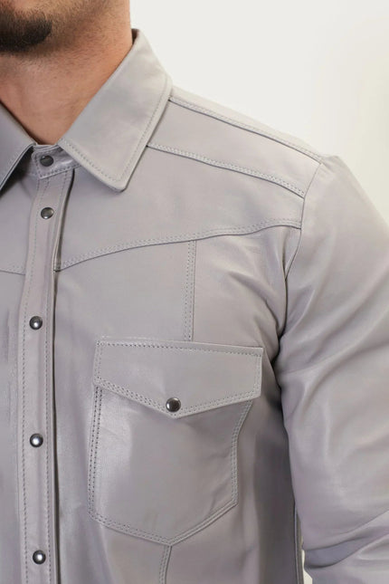 Men's Western Nappa Lambskin Shirt - Grey | Ron Tomson