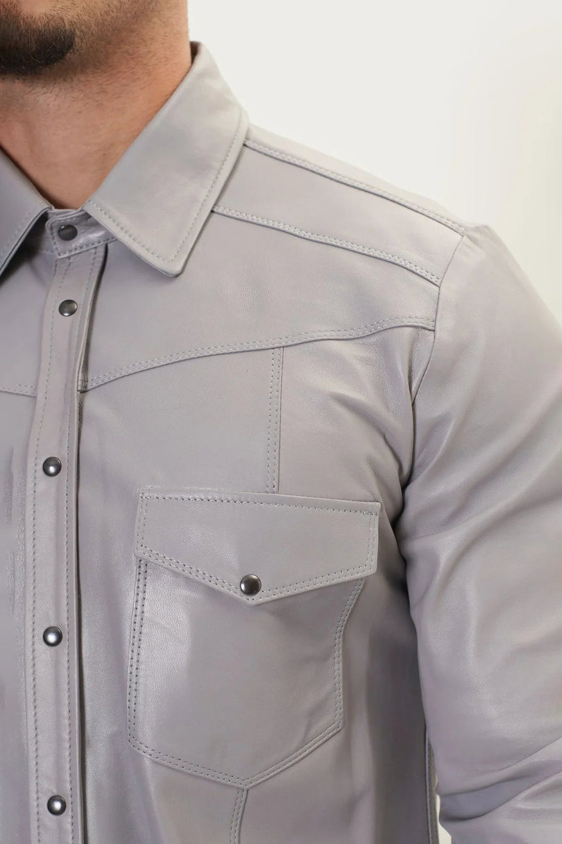Men's Western Nappa Lambskin Shirt - Grey | Ron Tomson