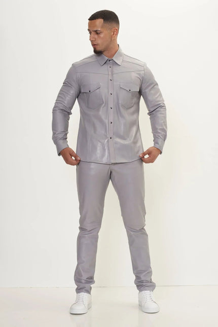 Men's Western Nappa Lambskin Shirt - Grey | Ron Tomson