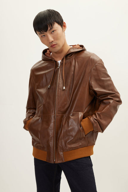 Men's Nappa Lambskin Hooded Bomber Jacket - Brown | Ron Tomson