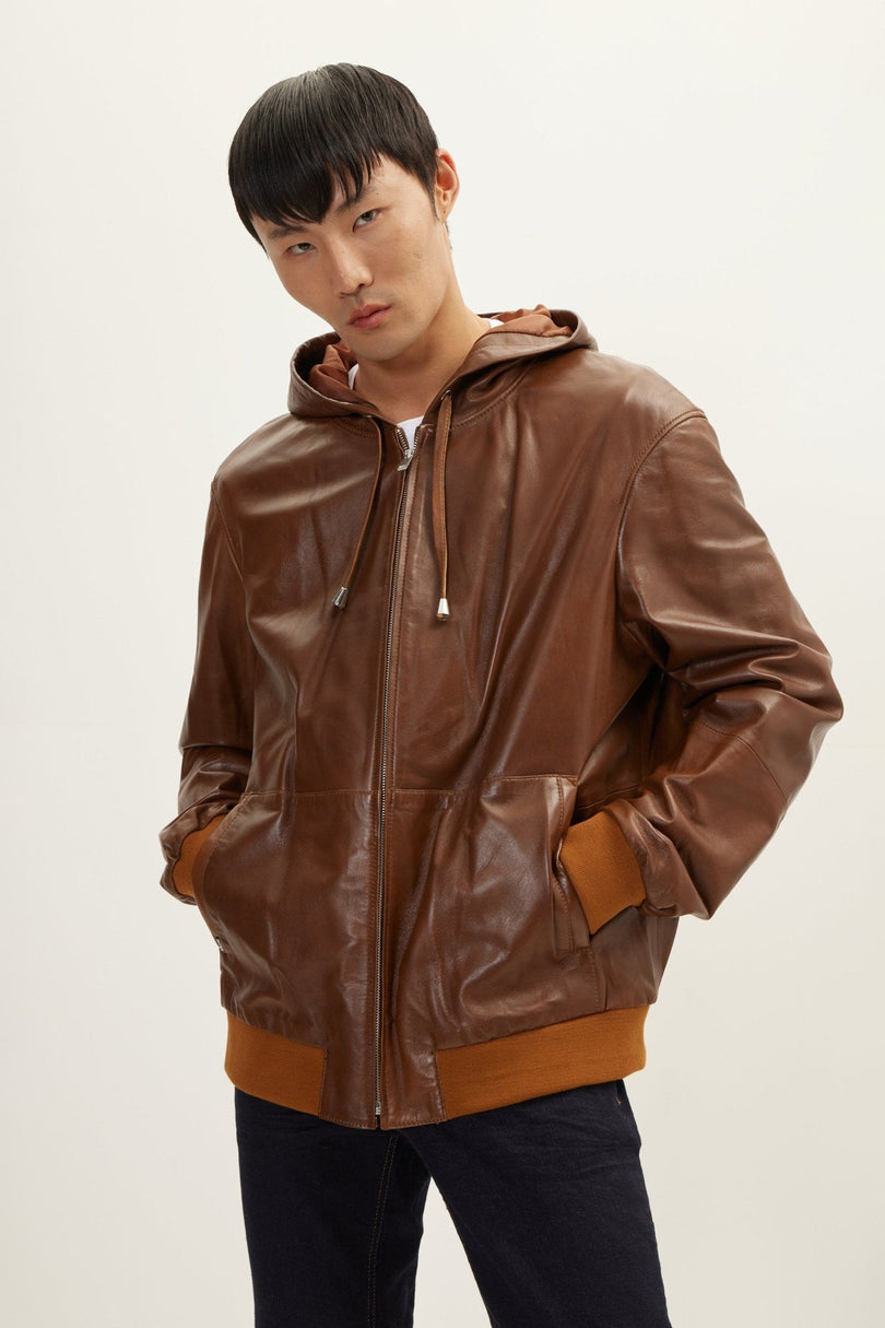 Men's Nappa Lambskin Hooded Bomber Jacket - Brown | Ron Tomson