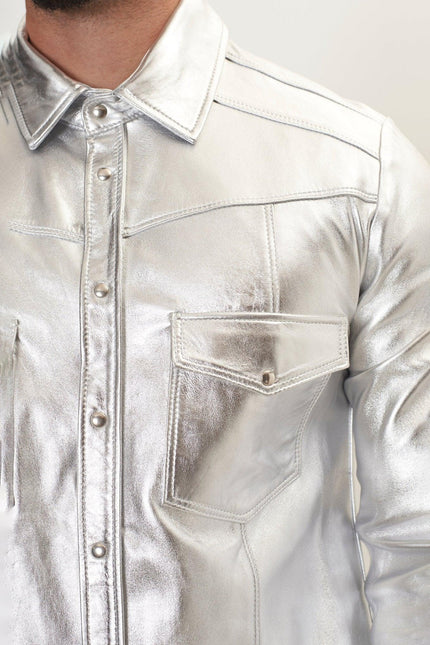 Men's Nappa Lambskin Shirt - Silver | Ron Tomson