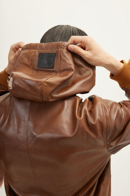 Men's Nappa Lambskin Hooded Bomber Jacket - Brown | Ron Tomson