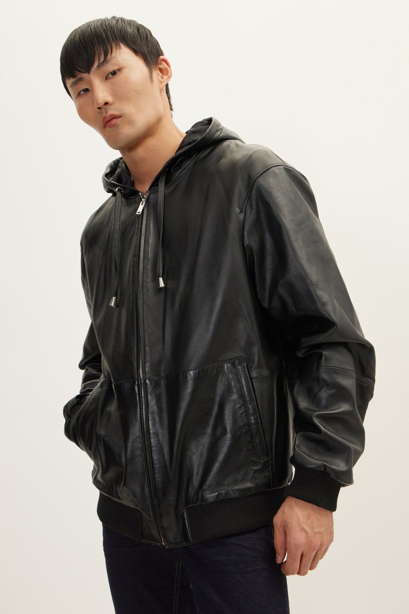 Men's Nappa Lambskin Hooded Bomber Jacket - Black | Ron Tomson
