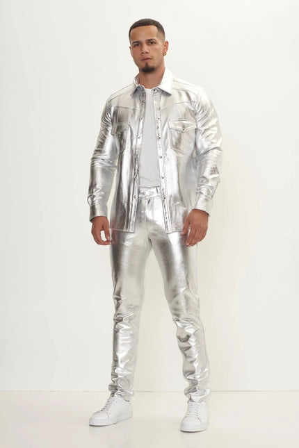 Men's Nappa Lambskin Shirt - Silver | Ron Tomson