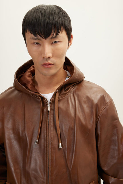 Men's Nappa Lambskin Hooded Bomber Jacket - Brown | Ron Tomson