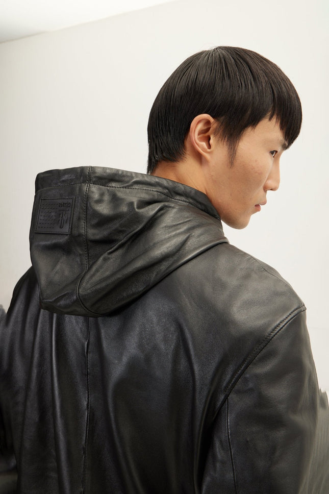 Men's Nappa Lambskin Hooded Bomber Jacket - Black | Ron Tomson