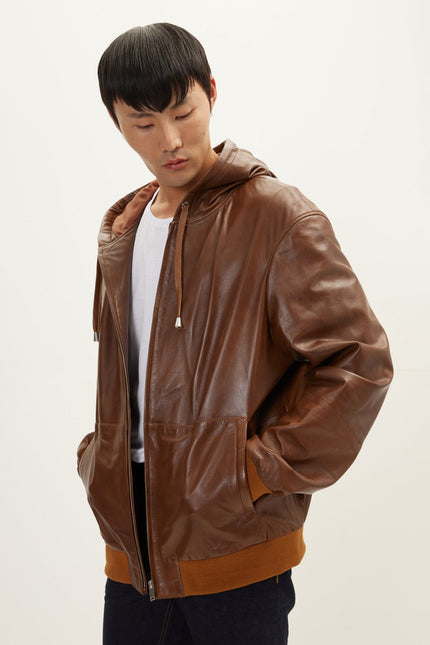 Men's Nappa Lambskin Hooded Bomber Jacket - Brown | Ron Tomson