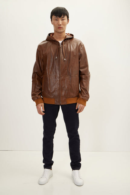 Men's Nappa Lambskin Hooded Bomber Jacket - Brown | Ron Tomson