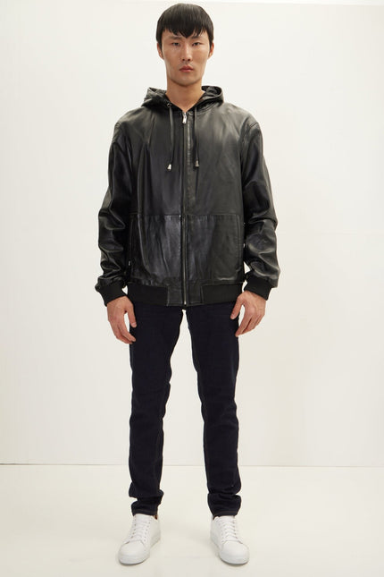 Men's Nappa Lambskin Hooded Bomber Jacket - Black | Ron Tomson