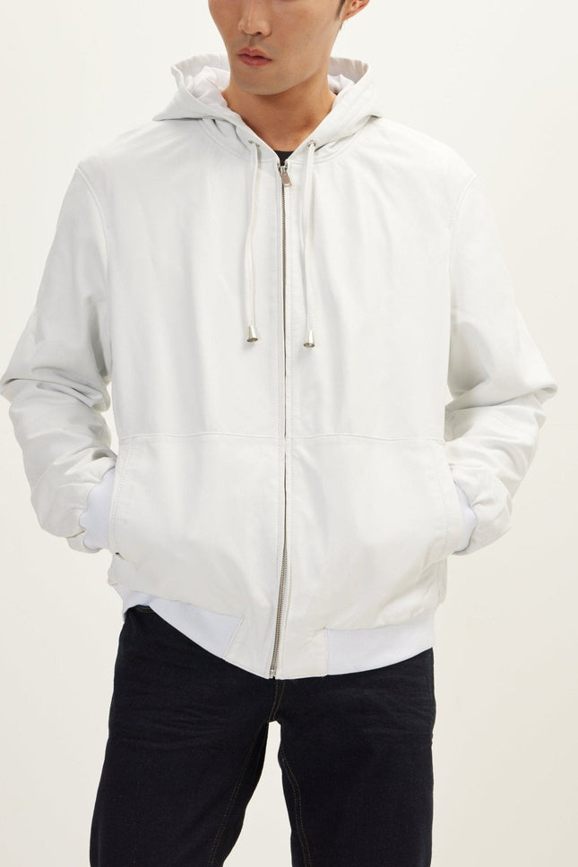 Men's Nappa Lambskin Hooded Bomber Jacket - Ecru | Ron Tomson