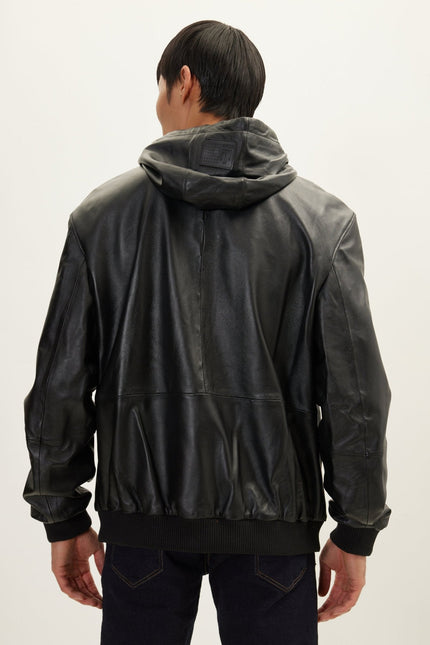 Men's Nappa Lambskin Hooded Bomber Jacket - Black | Ron Tomson