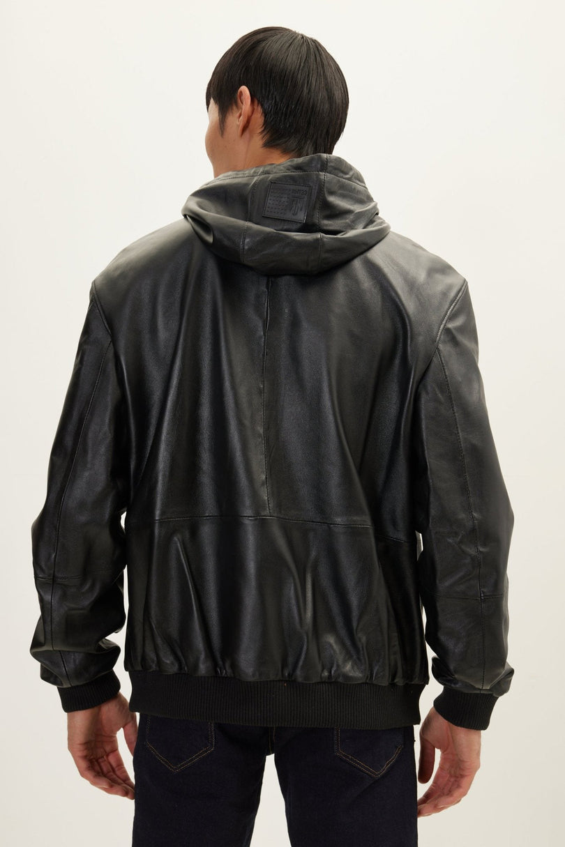 Men's Nappa Lambskin Hooded Bomber Jacket - Black | Ron Tomson
