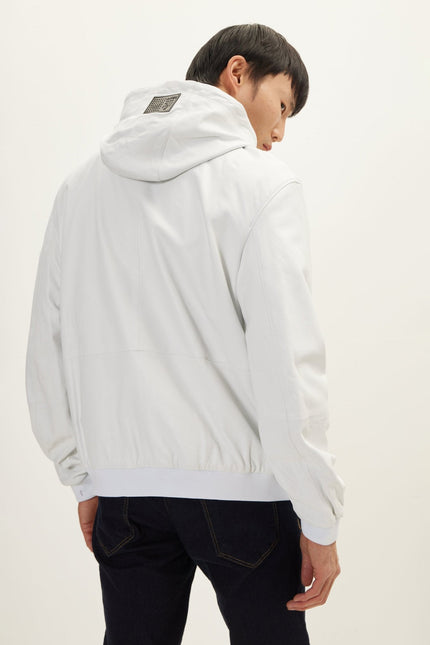 Men's Nappa Lambskin Hooded Bomber Jacket - Ecru | Ron Tomson