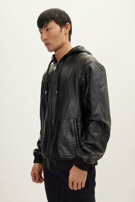 Men's Nappa Lambskin Hooded Bomber Jacket - Black | Ron Tomson