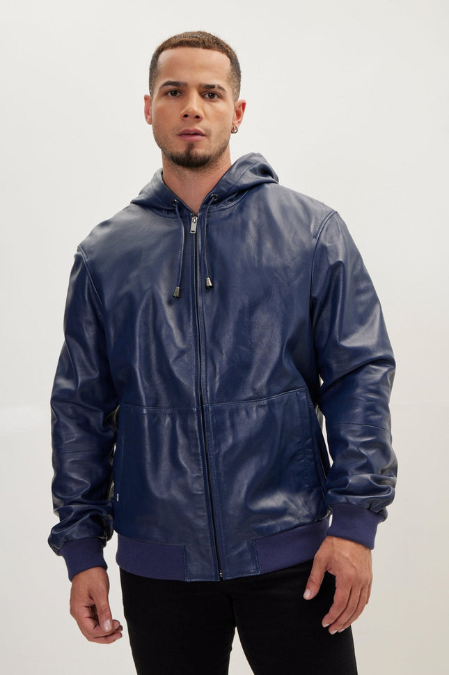 Men's Nappa Lambskin Hooded Bomber Jacket - Navy | Ron Tomson