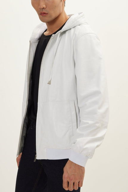 Men's Nappa Lambskin Hooded Bomber Jacket - Ecru | Ron Tomson