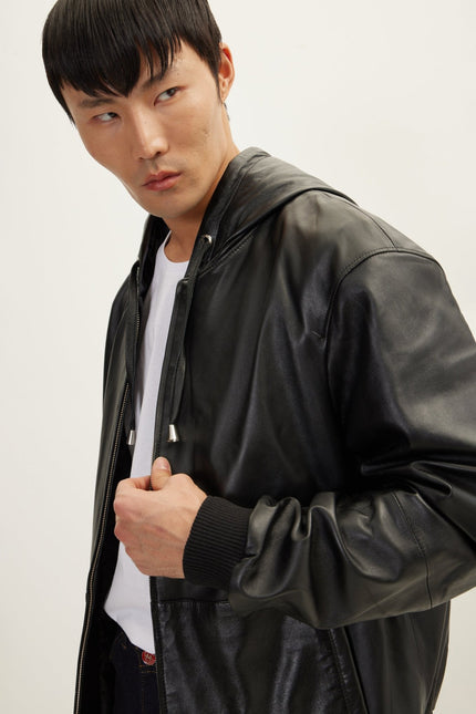 Men's Nappa Lambskin Hooded Bomber Jacket - Black | Ron Tomson