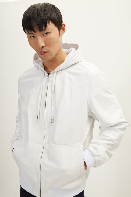 Men's Nappa Lambskin Hooded Bomber Jacket - Ecru | Ron Tomson