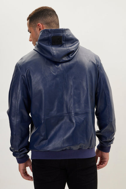Men's Nappa Lambskin Hooded Bomber Jacket - Navy | Ron Tomson