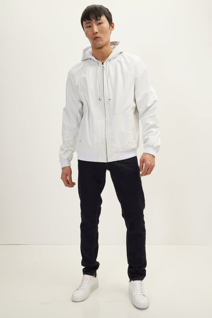 Men's Nappa Lambskin Hooded Bomber Jacket - Ecru | Ron Tomson