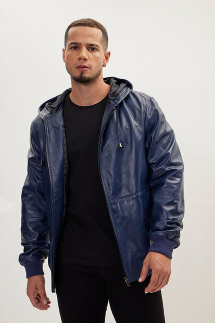 Men's Nappa Lambskin Hooded Bomber Jacket - Navy | Ron Tomson