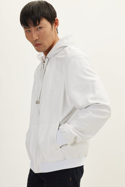 Men's Nappa Lambskin Hooded Bomber Jacket - Ecru | Ron Tomson