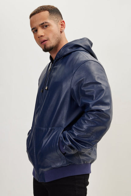 Men's Nappa Lambskin Hooded Bomber Jacket - Navy | Ron Tomson