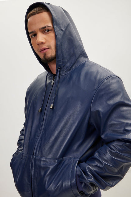Men's Nappa Lambskin Hooded Bomber Jacket - Navy | Ron Tomson