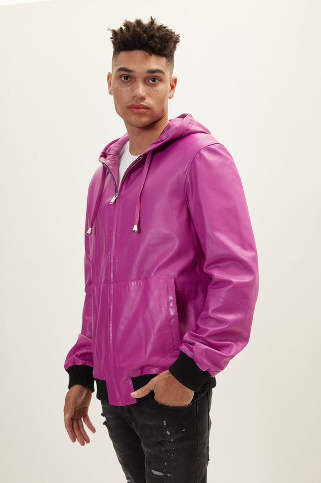 Men's Nappa Lambskin Hooded Bomber Jacket - Fuchsia | Ron Tomson
